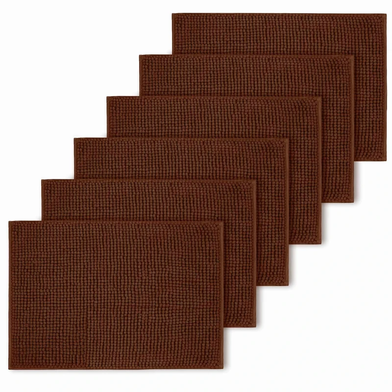 BedLooms Brown Bath Mat Non Slip Anti Mould (6 pack) - Machine Washable Bath Mats 50x80cm Chenille Bathroom Mat Super Absorbent Extra Soft Fluffy Shower Mat