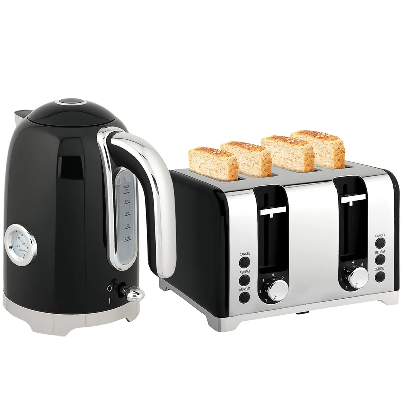 HOMCOM Retro Kettle and Toaster Set with Temp Display, 1.7L 3000W Rapid Boil Stainless Steel Jug Kettle with Thermostat Limescale Filter 4 Slice Toaster with 7 Browning Controls Crumb Tray, Black