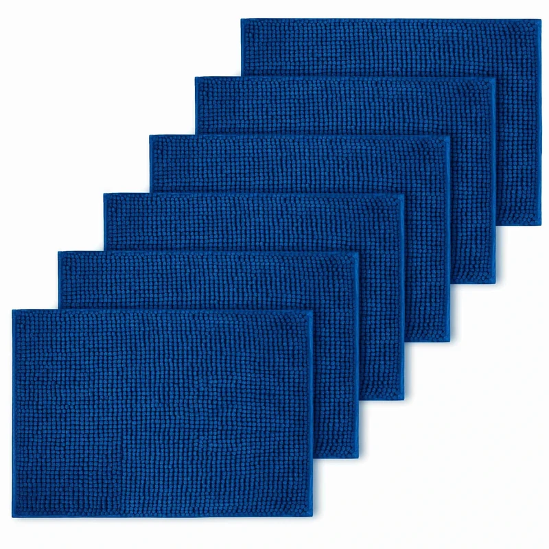 BedLooms Navy Bath Mat Non Slip Anti Mould (6 pack) - Machine Washable Bath Mats 50x80cm Chenille Bathroom Mat Super Absorbent Extra Soft Fluffy Shower Mat