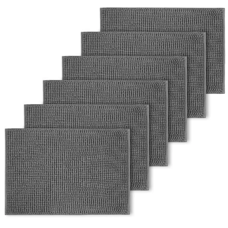 BedLooms Grey Bath Mat Non Slip Anti Mould (6 pack) - Machine Washable Bath Mats 50x80cm Chenille Bathroom Mat Super Absorbent Extra Soft Fluffy Shower Mat