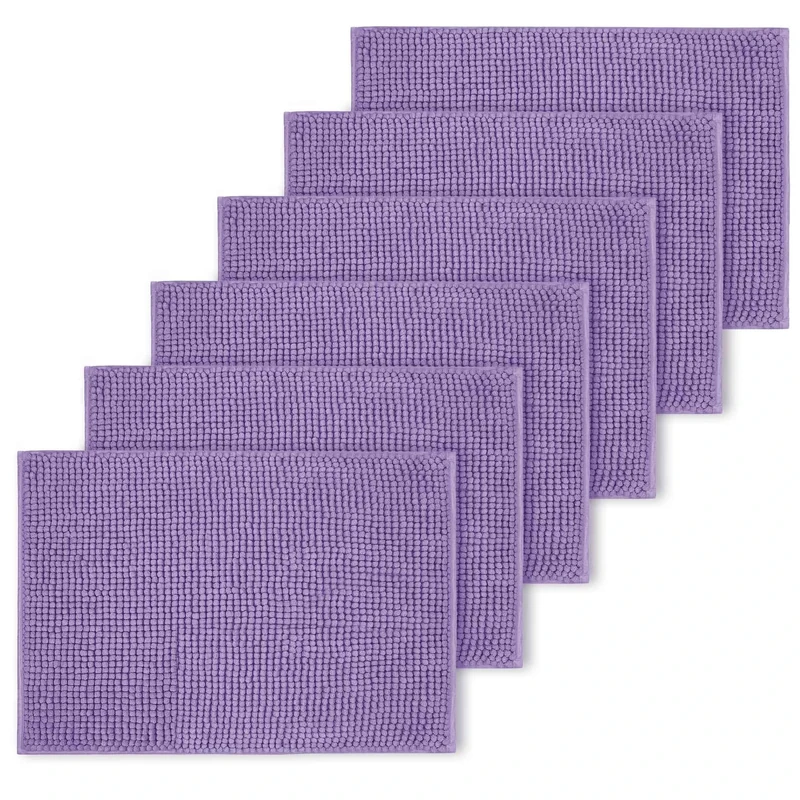 BedLooms Lilac Bath Mat Non Slip Anti Mould (6 pack) - Machine Washable Bath Mats 50x80cm Chenille Bathroom Mat Super Absorbent Extra Soft Fluffy Shower Mat