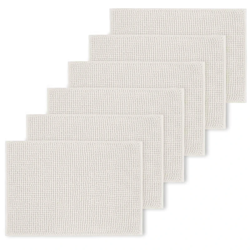 BedLooms White Bath Mat Non Slip Anti Mould (6 pack) - Machine Washable Bath Mats 50x80cm Chenille Bathroom Mat Super Absorbent Extra Soft Fluffy Shower Mat