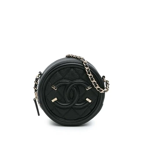 Chanel Pre-Loved Caviar CC Filigree Round Clutch With Chain Crossbody Bag