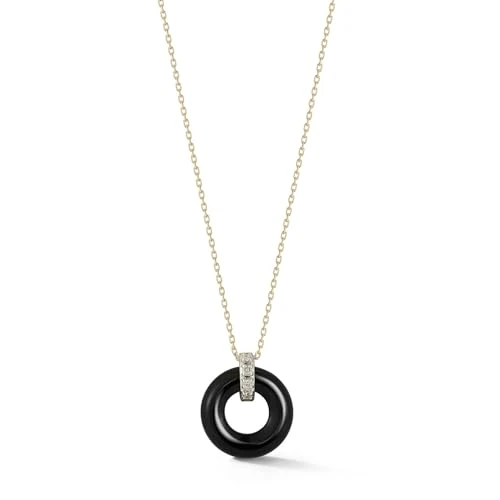 MATEO New York, Onyx Donut and Diamond Door Knocker Necklace - 16" + 2" chain