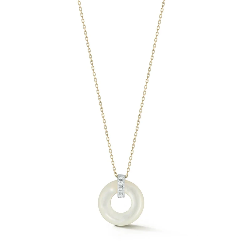 MATEO New York, Mother of Pearl Donut and Diamond Door Knocker Necklace - 16" + 2" chain