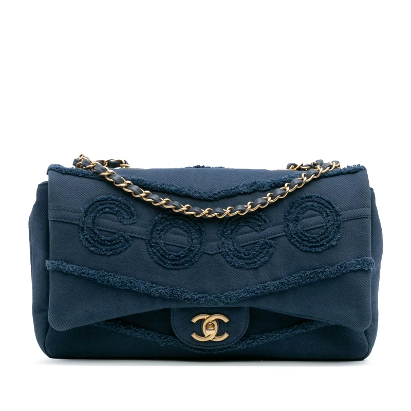 Chanel Pre-Loved Jumbo Chevron Denim Fringe Coco Flap Crossbody Bag