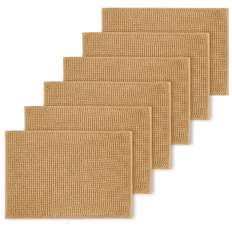 BedLooms Beige Bath Mat Non Slip Anti Mould (6 pack) - Machine Washable Bath Mats 50x80cm Chenille Bathroom Mat Super Absorbent Extra Soft Fluffy Shower Mat