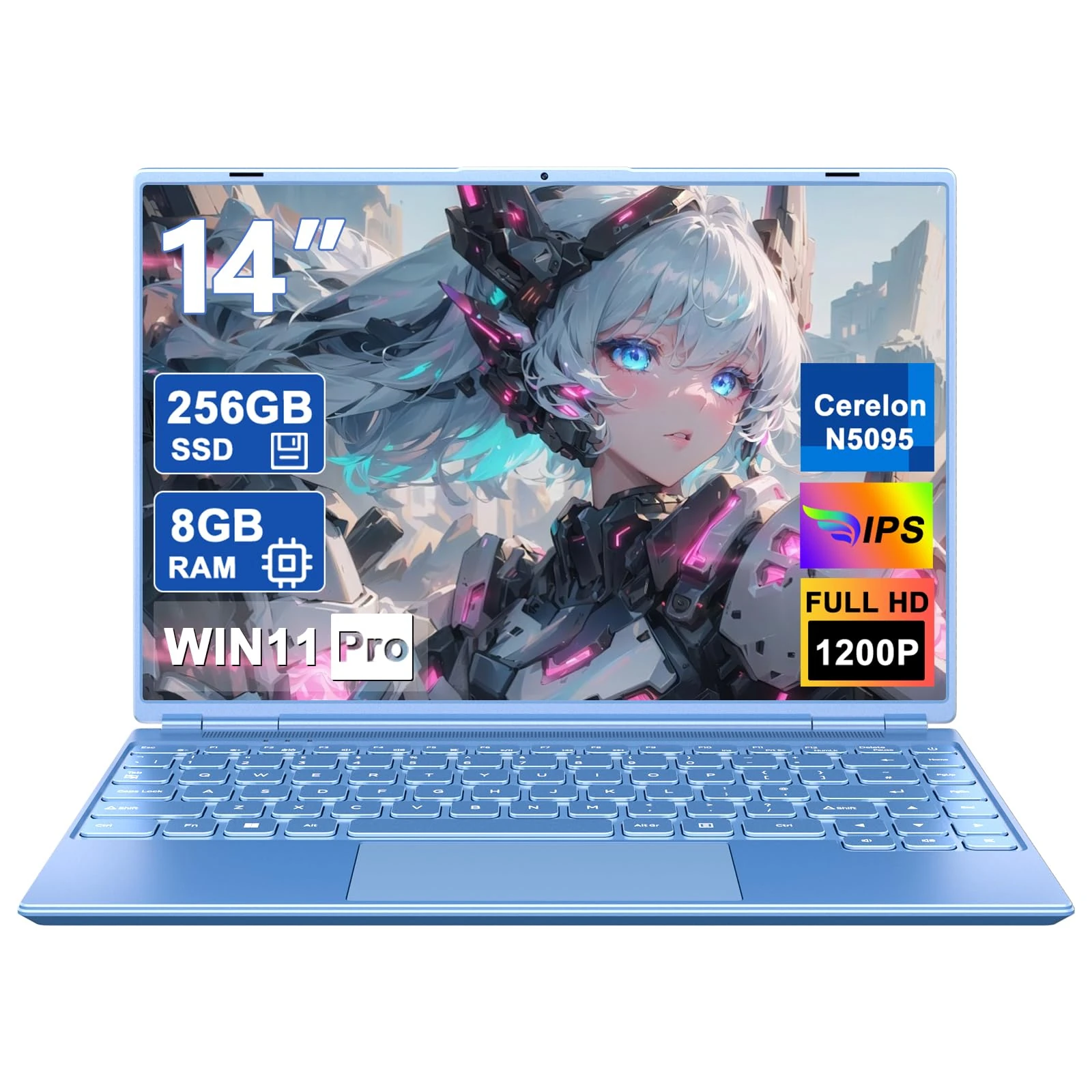 14 Inch Laptop Celeron N5095 Processor (Up to 2.9GHz), 8GB RAM 256GB SSD, FHD 1920×1200 IPS Display, Notebook Win 11 Pro, WiFi 5, Webcam, USB3.0, Lightweight Blue Laptops for Student & Office - 01