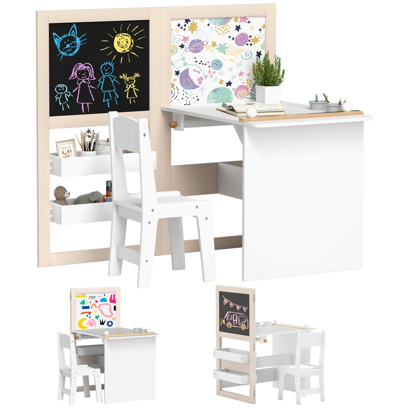 AIYAPLAY Kids Table and Chair Set, 3 in 1 Art Toddler Table and Chair Set with Storage Shelves, Foldable Blackboard, Whiteboard & Roll Paper, for 3-8 Years, White