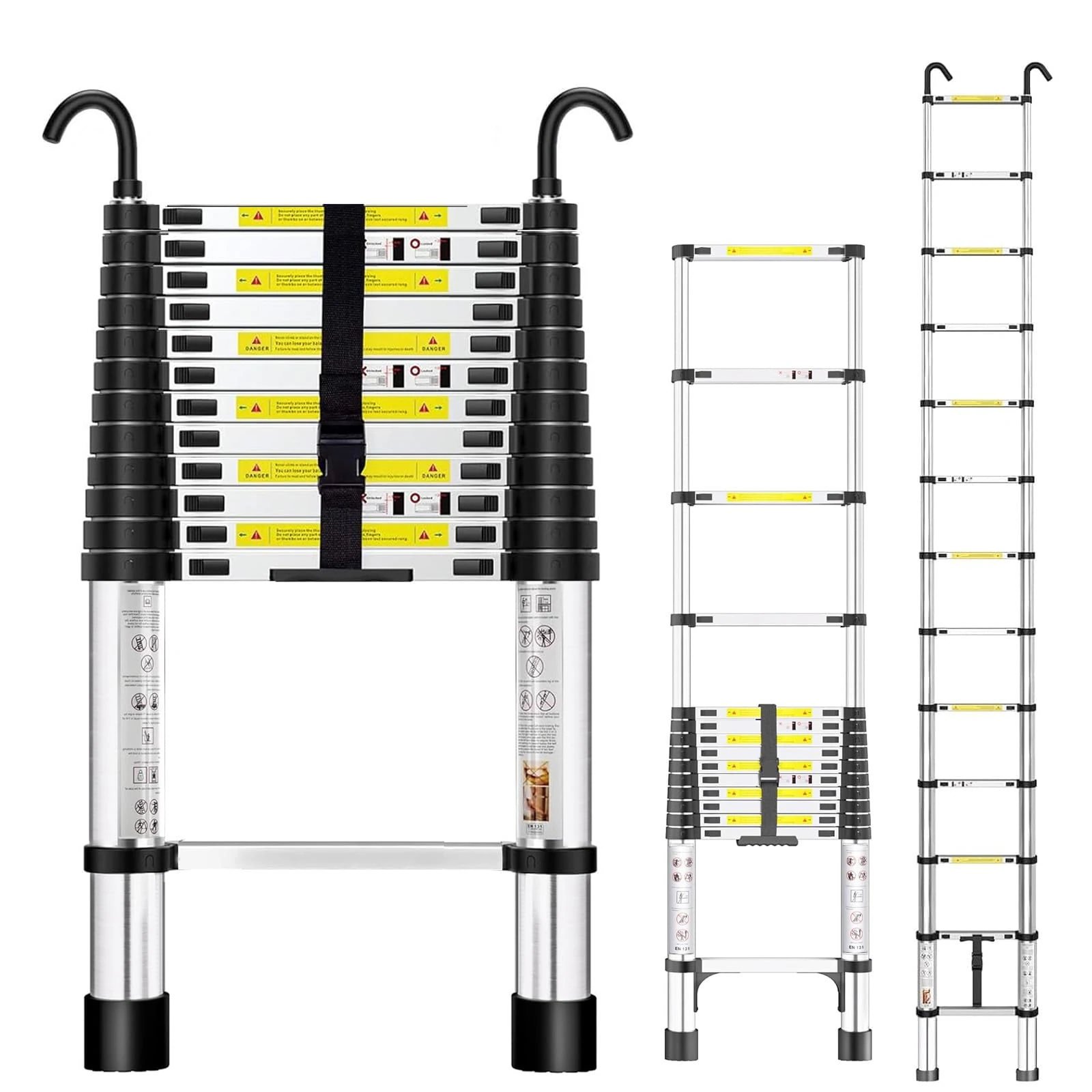 Rewing Telescopic Ladder Extendable Ladder 3.5M/11.48FT Stainless Steel Thickened High-Ladders extendable with Stabilizer Bar and Detachable Hooks, Multi Purpose Extendable for Roof Caravans Attic