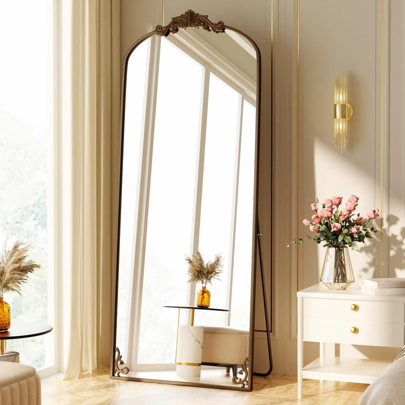 Koonmi 30" x 65" Vintage Domed Pedestal Mirror Unbreakable Full Length with Beautiful Retro Engraving Process for Bedroom, Hallway, Antique