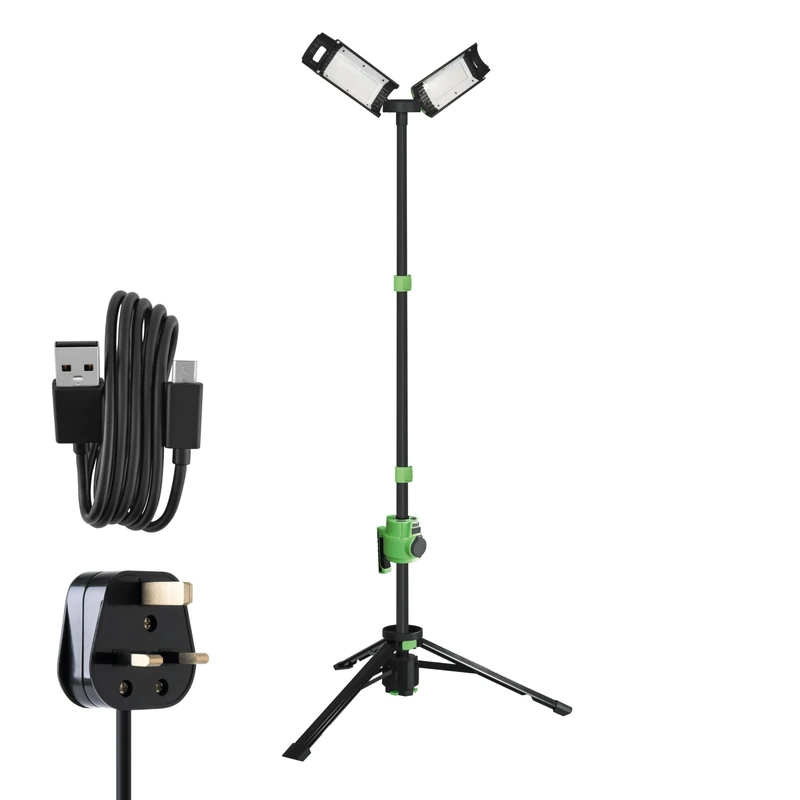 Lighthouse Beacon Rechargeable Site Light AC/DC Power – 240V 10000lm LED Work Light with Rotating Heads & Tripod, Foldable, 3 Lighting Modes, USB Outputs & Included Mains Cord, USB-C Cable & Carry Bag