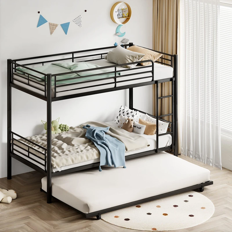 VECELO Single Bunk Bed with Trundle, Heavy Duty 3FT Metal Bed Frame with Ladder & Safety Guard Rails, Space Saving High Sleeper Beds, Noise Free, No Boxing Spring Needed