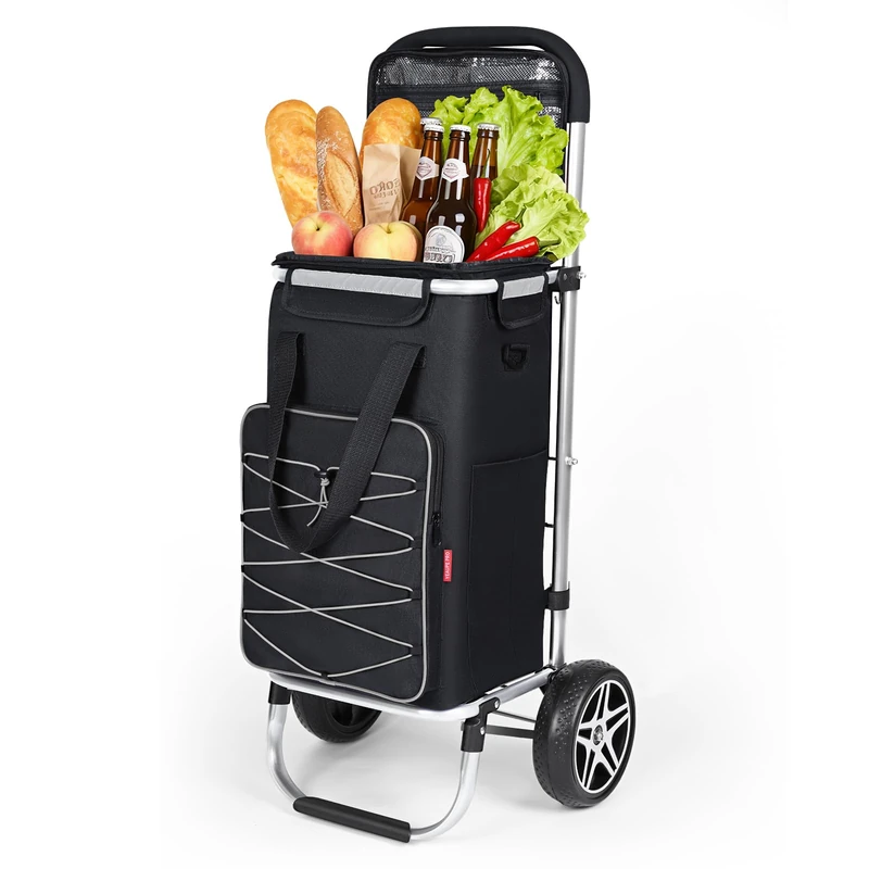 YEAUPE PRO Shopping Trolley on Wheels with Insulated Compartment,3-in-1 Large Capacity 50L Shopping Cart with Removable Bag,Max. 25 kg Load Capacity,Includes Side Pockets & Bottle Opener,Black/Grey - Image 1