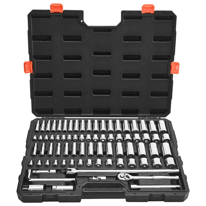 VEVOR Socket Set, 76 Pieces, 9.5 mm Drive Socket and Ratchet Set, SAE and Metric, Deep and Shallow, Mechanic Tool Kit with Accessories and Storage Case, CR-V Alloy Steel, for Automotive Repair