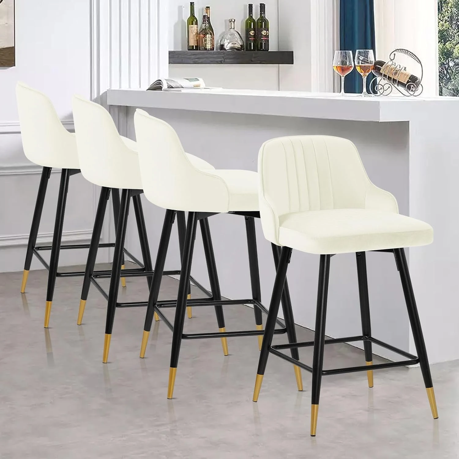 Bekrvio 360° Swivel Bar Stool Set of 4, 65cm Velvet Breakfast Bar Stools with Backs, Upholstered Kitchen Stools with Metal Frames for Kitchen Counters Dining Rooms and Patios, Support 150kg