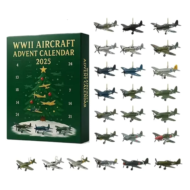 WWII Aircraft 2D Advent Calendar 2025, 24 Days Christmas Countdown Calendar with 24 Flat Mini Warbirds, Fighter Xmas Surprise Gifts, for Model Collectors, History Buffs, Aviation Lovers (aircraft)