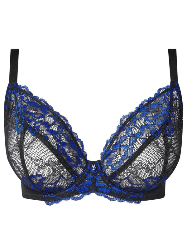 Ann Summers Sexy Lace Fuller Bust Non Padded Plunge Bra Curve-Enhancing Womens Underwear with Underwire Support, Sheer Lace Cups & Power Mesh Wings Black/Blue