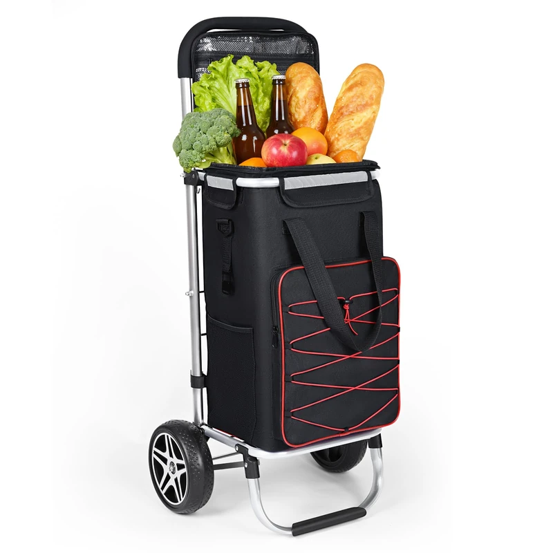YEAUPE PRO Shopping Trolley on Wheels with Insulated Compartment,3-in-1 Large Capacity 50L Shopping Cart with Removable Bag,Max. 25 kg Load Capacity, Includes Side Pockets & Bottle Opener,Black/Red