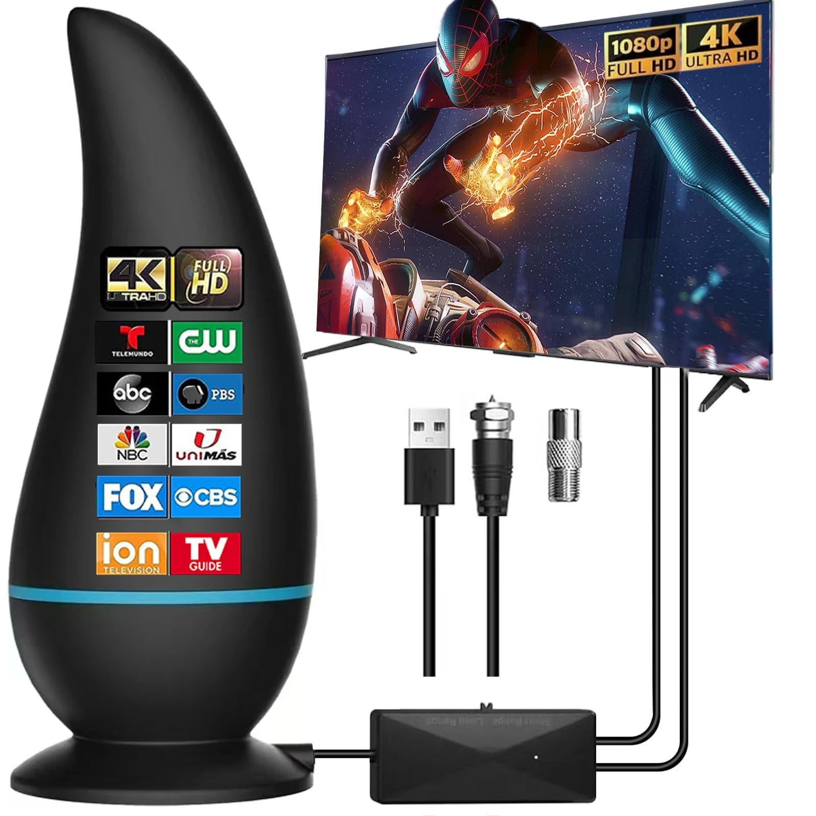 Indoor TV Aerial - Freeview Antenna with Signal Booster, Magnetic Base, Portable Design for 4K/1080P HD Channels