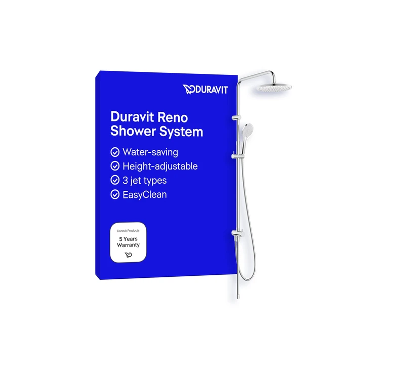 Duravit Reno Shower System, Water-Saving Rain Shower Head 25 cm, Shower Set Without Mixer Tap, Hand Shower with Hose, 3 Spray Modes, Ideal for Bathroom Renovation, Chrome