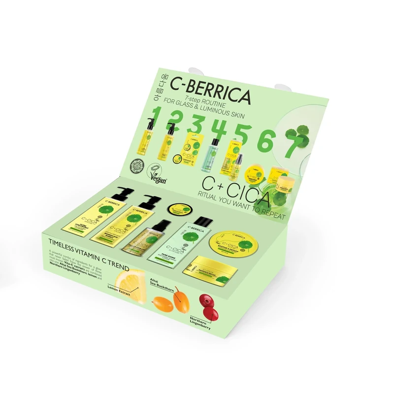 C+CICA C-BERRICA. 7-Step Full Korean K-Beauty inspired GLASS SKIN routine infused with Centella Asiatica and Vitamin C - seven full-sized face care products for all skin types including sensitive