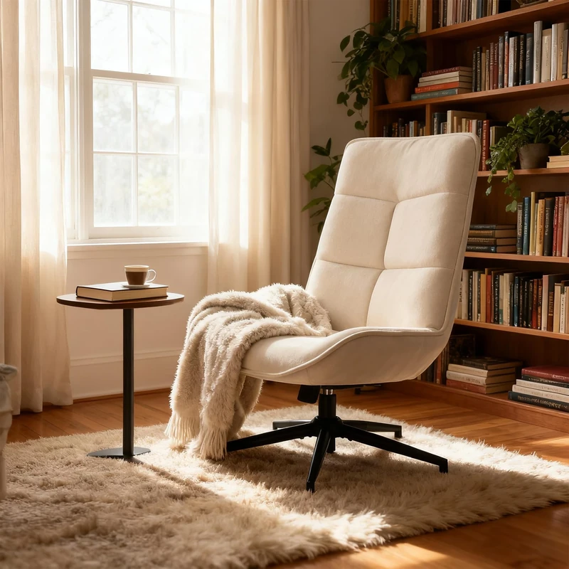 MEUBLE COSY Lounge Chair Comfortable Swivel, Modern Recliner with Adjustable Backrest, Living Room Armchair Height Adjustable, Soft Fabric, Metal Legs, Beige