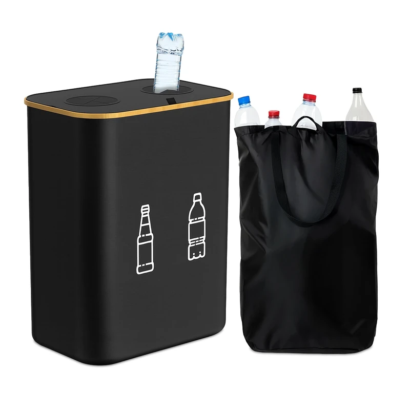 Relaxdays Bottle Recycling Bin 160L with 2 Bags, Glass & Plastic Collector, 75x57x37 cm, Black