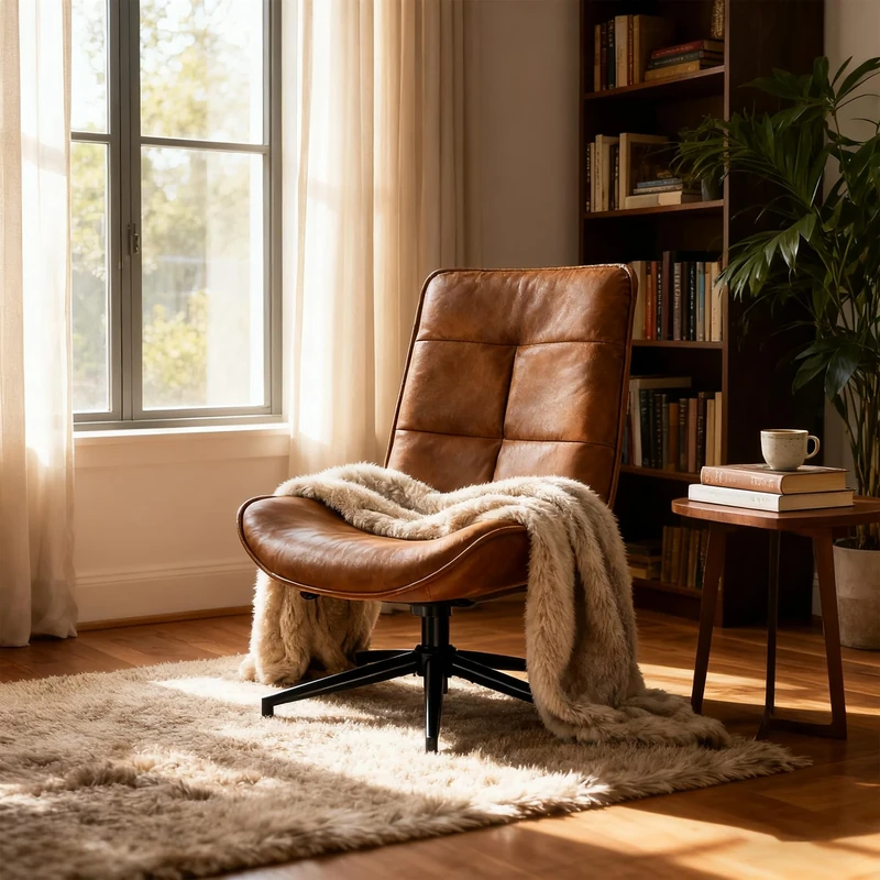 MEUBLE COSY Lounge Chair Comfortable Swivel, Modern Recliner with Adjustable Backrest, Living Room Armchair Height Adjustable, Soft Suede, Metal Legs, Brown