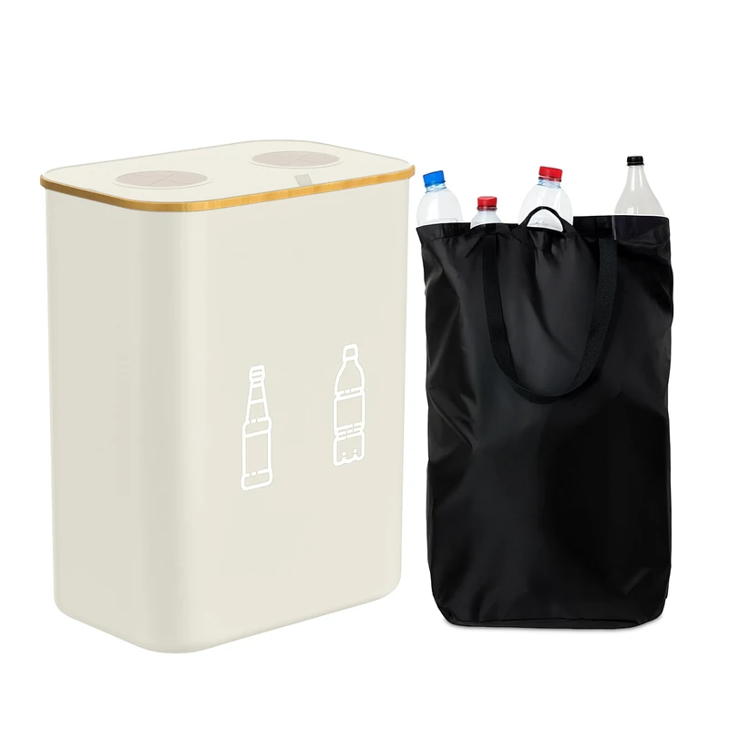 Relaxdays Bottle Recycling Bin with 2 Bags, 160L, Glass & Plastic Collector, 75x57x37 cm, Beige