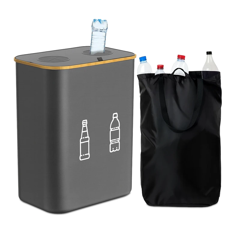 Relaxdays Bottle Recycling Bin 160L with 2 Bags, Glass & Plastic Collector, 75x57x37 cm, Grey - Image 1