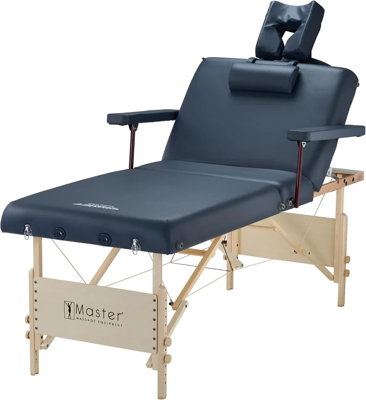 Master Massage Coronado 78cm 3 Section, Back Lifting Portbale Massage Table Package in Royal Blue and Natural Wood Finish.