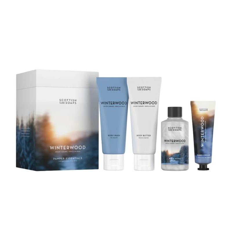 Winterwood Gift Cube – 4-Piece Winter Skincare Set with Body Wash, Body Butter, Bath Soak & Hand Cream – Spiced Caramel Scent