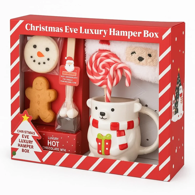 Christmas Eve Luxury Hamper Box – Hot Chocolate Gift Set with 3D Polar Bear Mug, Fluffy Socks, Gingerbread Biscuit, Snowman Marshmallow, Candy Canes, Chocolate Stirrer & Festive Lollipop