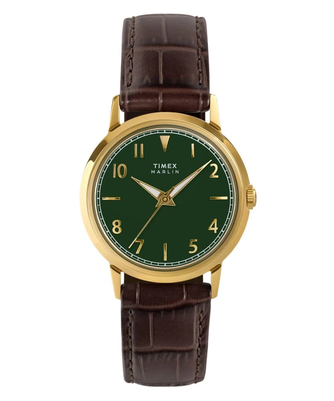 Timex Unisex Marlin Quartz 34 mm Quartz Watch - Brown Leather Strap with Green Dial and Gold-Tone Case TW2Y37800