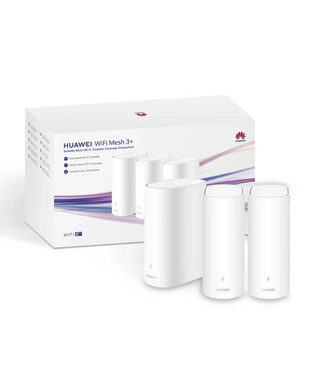 HUAWEI WiFi Mesh 3+ Router 3-Pack, 128MB+128MB, Dual-Band Wi-Fi 6 AX3000, Whole-Home Wi-Fi, 250+ Device Connections, Seamless Roaming, Wall Penetration, Parental Control, Remote Management