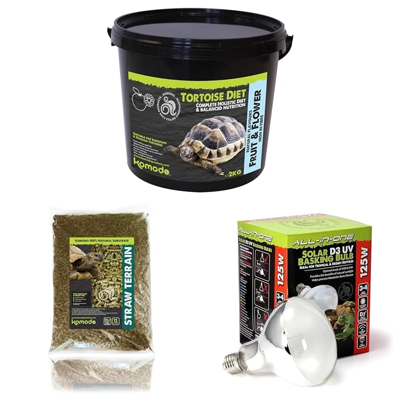 Komodo Tortoise Diet Fruit & Flower 2kg + Straw Terrain 12L + Solar D3 UV Basking Bulb 125W | Balanced Food, Natural Substrate & Heat/UV Lighting