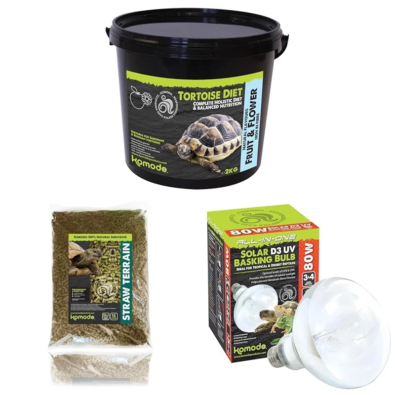 Komodo Tortoise Diet Fruit & Flower 2kg + Straw Terrain 12L + Solar D3 UV Basking Bulb 80W | Balanced Food, Natural Substrate & Heat/UV Lighting