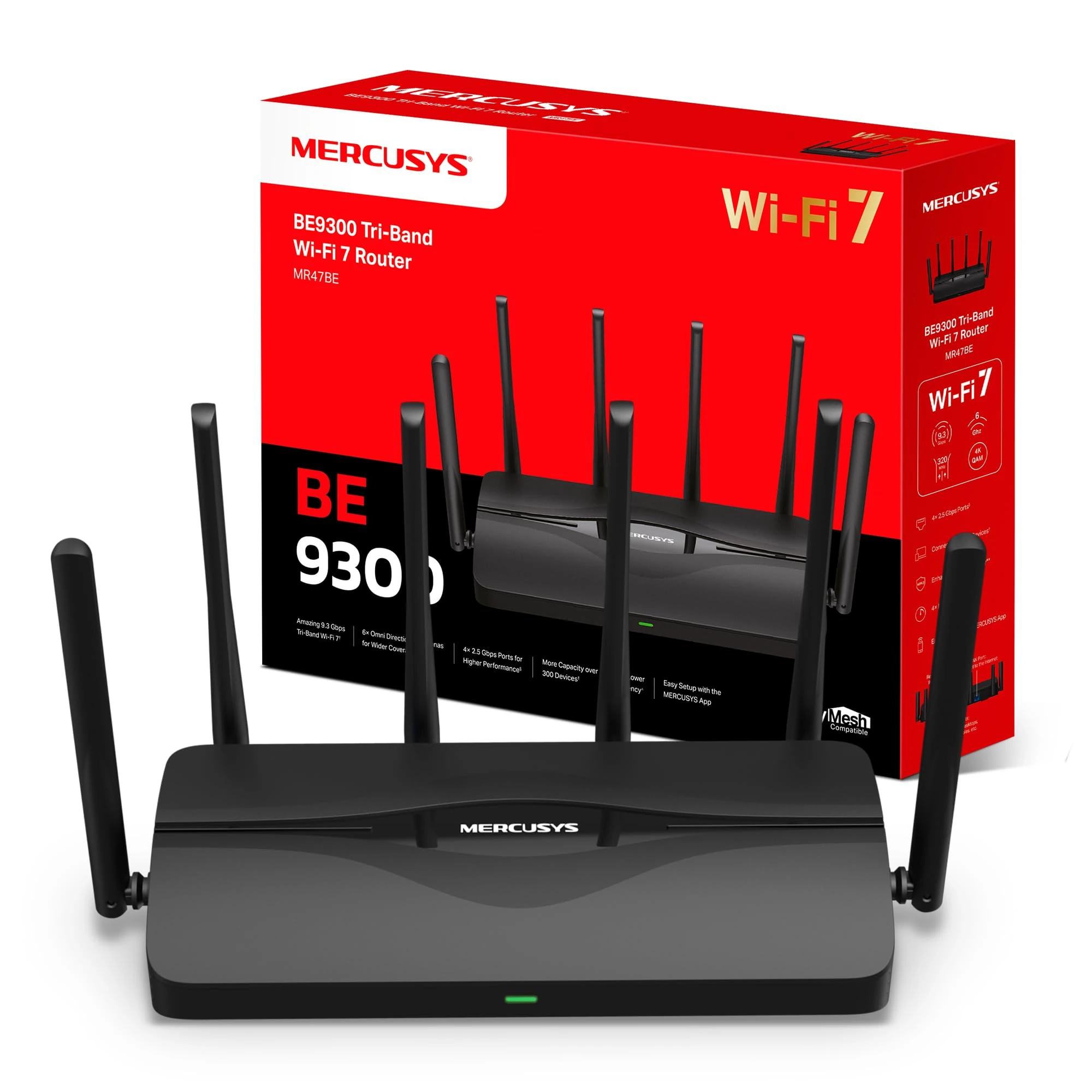 MERCUSYS MR47BE BE9300Mbps Tri-Band Wi-Fi 7 Router, 4x 2.5G LAN/WAN Ports, Blazing-Fast 9.3Gbps WiFi Router, 320 MHz Channels, New 6 GHz Band, EasyMesh-Compatible, Easy App Control, Easy Setup and Use