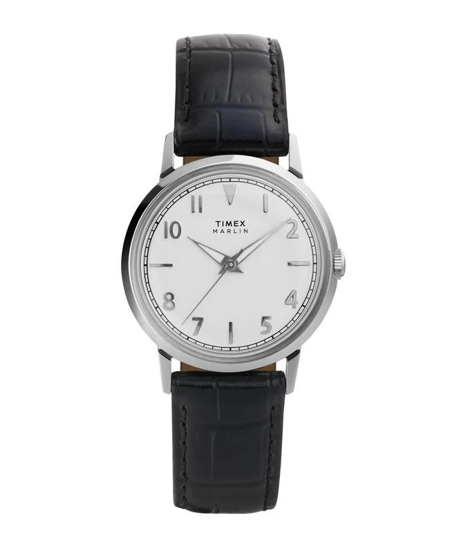 Timex Unisex Marlin Quartz 34 mm Quartz Watch - Black Leather Strap with Silver-Tone Dial and Stainless Steel Case TW2Y37600 - Image 1