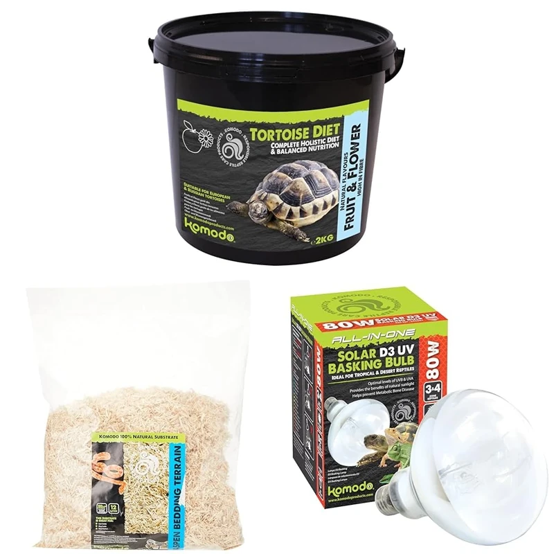 Komodo Tortoise Diet Fruit & Flower 2kg + Aspen Bed Terrain 12L + Solar D3 UV Basking Bulb 80W | Balanced Food, Natural Substrate & UV Heat Lamp - Image 1