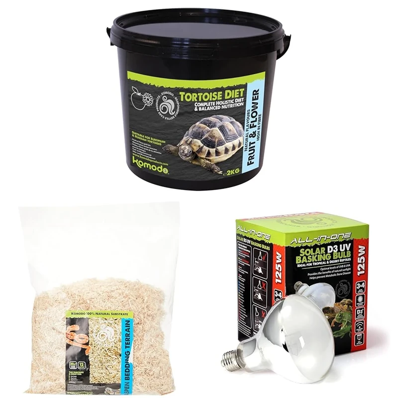 Komodo Tortoise Diet Fruit & Flower 2kg + Aspen Bed Terrain 12L + Solar D3 UV Basking Bulb 125W | Balanced Food, Natural Substrate & UV Heat Lamp