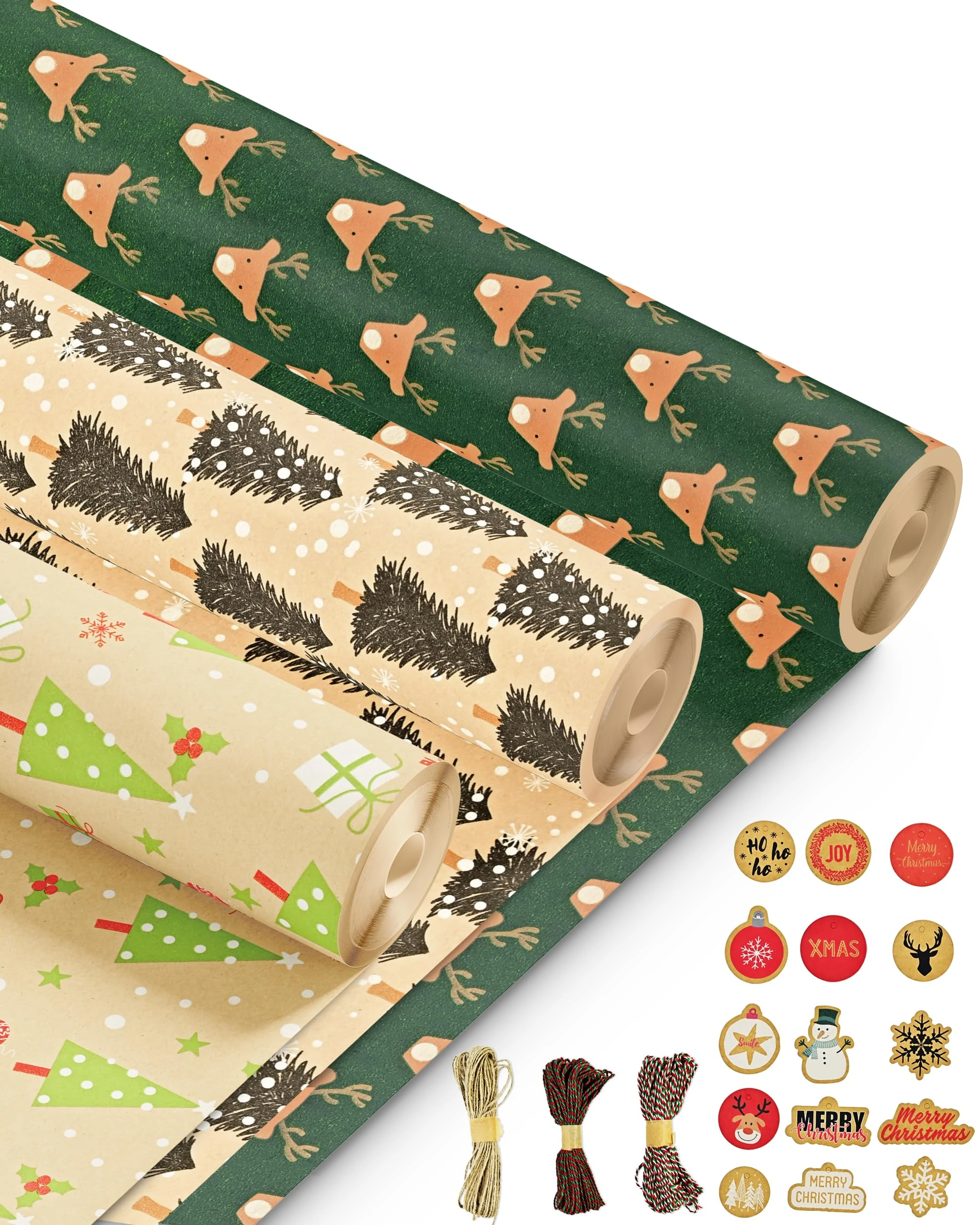 Kraft & Co – Christmas Wrapping Paper Rolls 3 Pack 69 cm x 8 m – Recycled and Eco Friendly Gift Wrap with 15 Tags and 3 Color Twine – Christmas Wrap Tear Resistant – Sustainable Packaging – 24 m Total