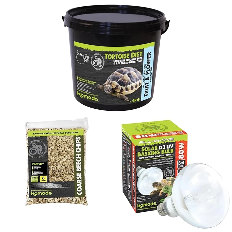 Komodo Tortoise Diet Fruit & Flower 2kg + Beech Chips 6L + 80W Solar D3 UV Basking Bulb for Desert & Tropical Reptiles