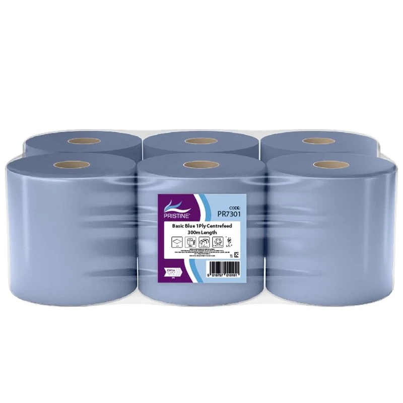 Pristine Basic Blue 1-Ply Centrefeed Roll 300m, 100 Percent Recycled Fibres, Suitable for Light-Duty Wiping and Spillages, CHSA Accredited, UK Made (Case of 6)