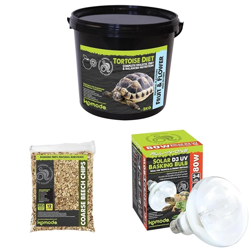 Komodo Tortoise Diet Fruit & Flower 2kg + Beech Chips 12L + Solar D3 UV 80W