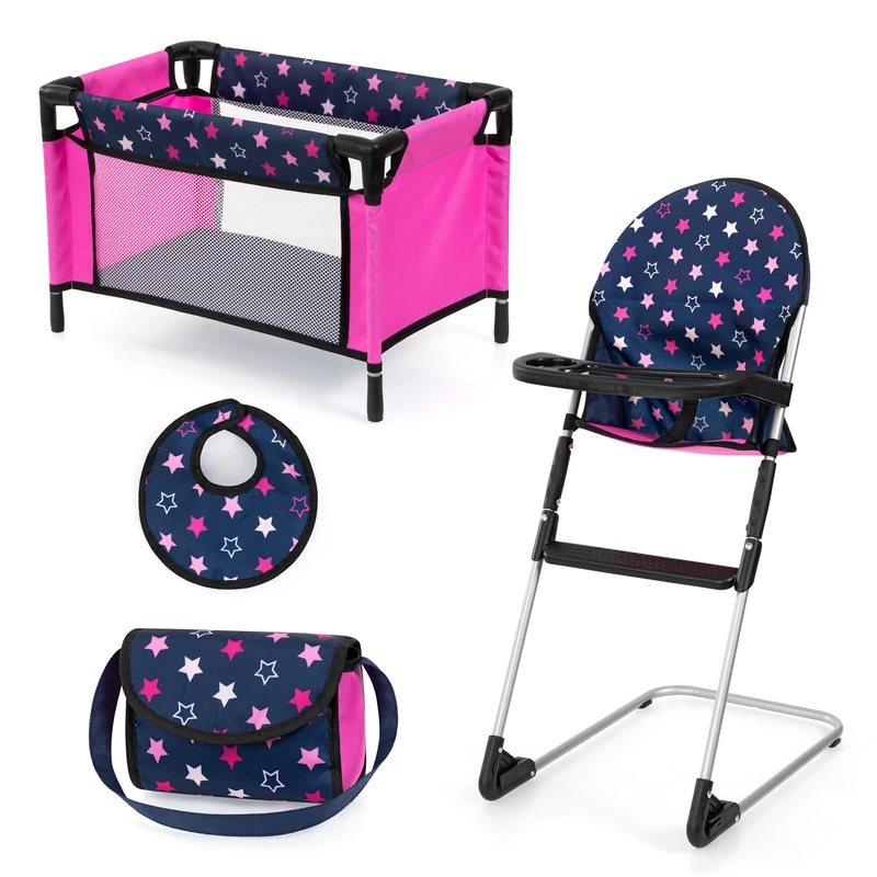 Bayer Design 63216AB doll accessories set with dolls high chair, bed, bag, bib for feeding - perfect for role play, 3+ age