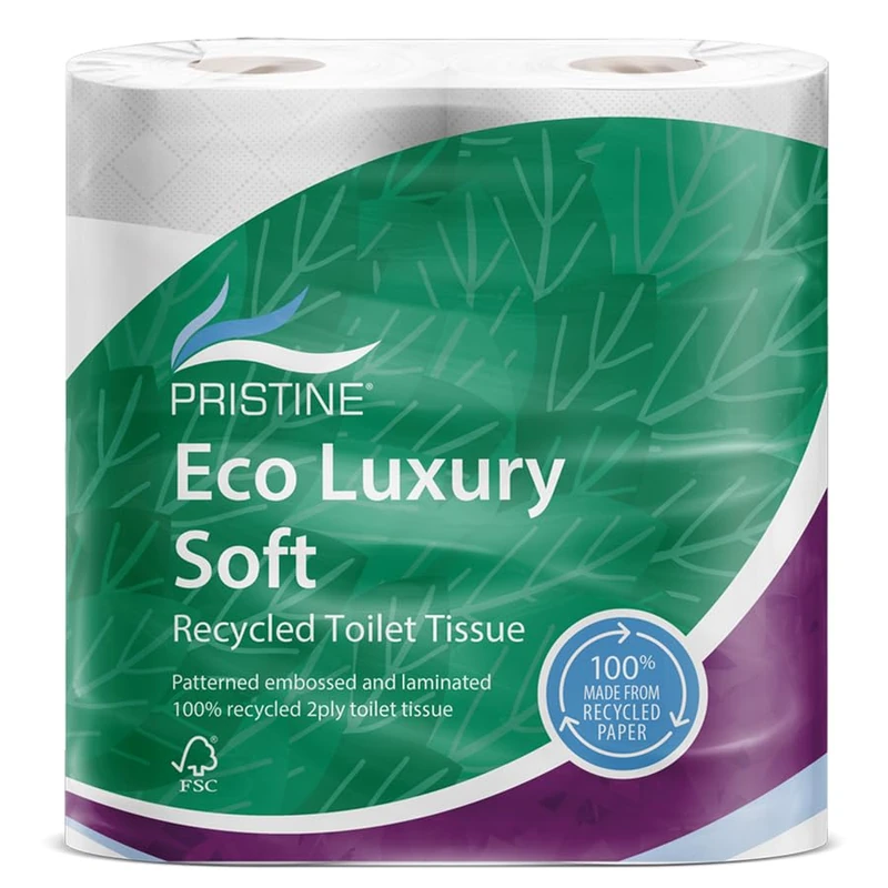 Pristine Eco Luxury Soft Recycled White Toilet Tissue, 2-Ply, 210 Sheets per Roll, Soft to Touch 100 Percent Recycled Fibres, Embossed (Case of 40 Rolls)