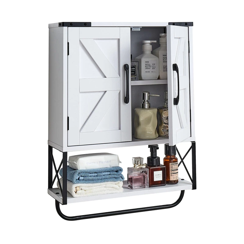 VEVOR Bathroom Wall Cabinet, with 2 Doors & Adjustable Shelf, Over the Toilet Storage Medicine Cabinet Wall Mounted, Hanging Organizer with Open Partition & Towel Bar for Laundry Room Kitchen, White