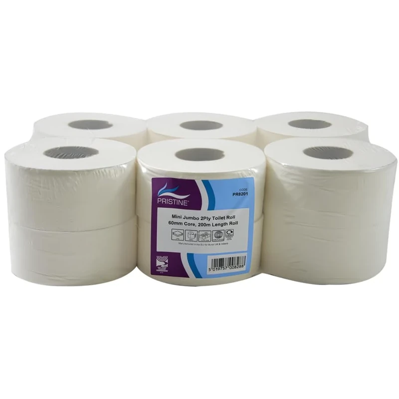Pristine Mini Jumbo White Toilet Tissue, 2-Ply, 60mm Core, 200m Length, Soft to Touch 100 Percent Recycled Pulp Tissue, CHSA and FSC Accredited, UK Made (Case of 12 Rolls)